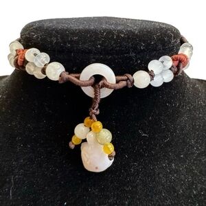 Carved Green Golden Jade Stone Turtle Brown Cord Adjustable Knotted Bracelet